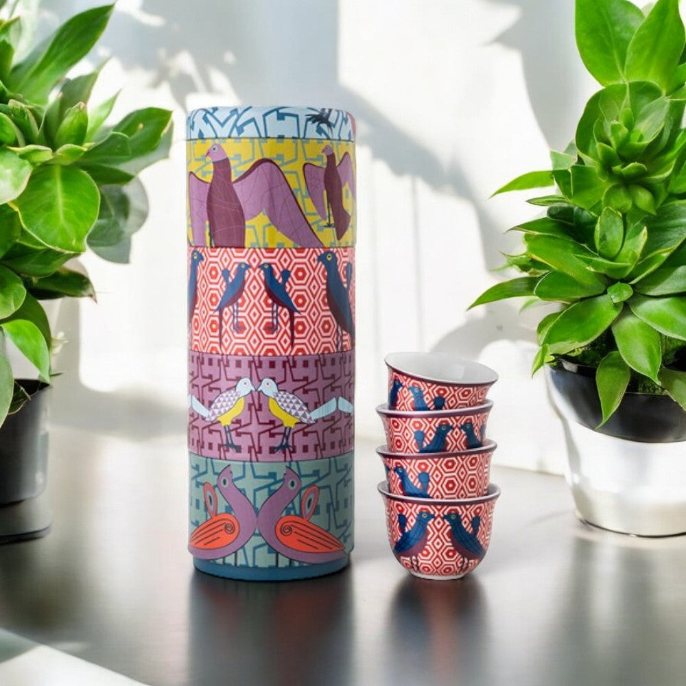 Tin box with 4 coffee cups 60ml Birds of Paradise