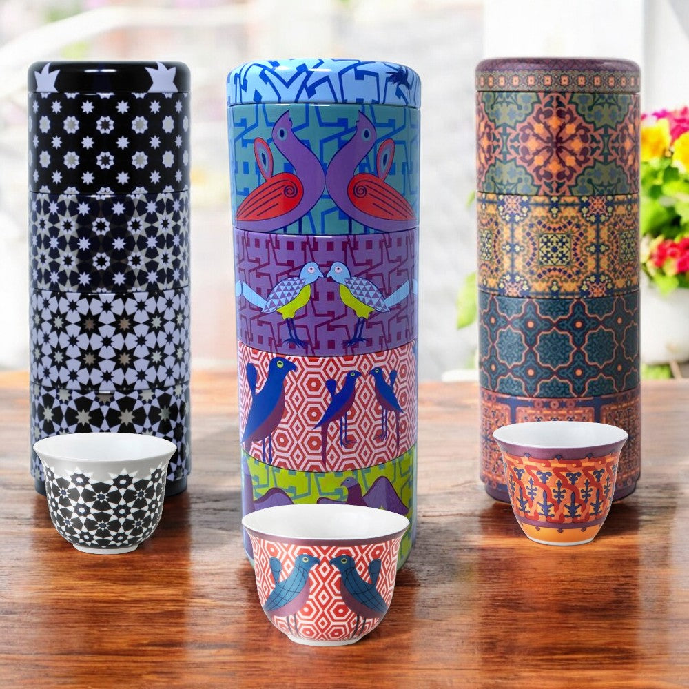 Tin box with 4 coffee cups 60ml Birds of Paradise