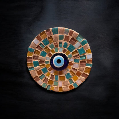 Raja's Mosaic Round + Eye Large 14cm Blue, Brown, Gold, and Beige.