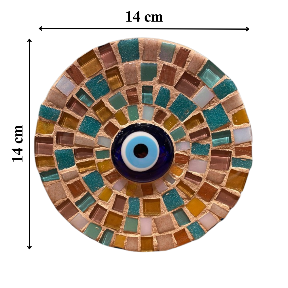 Raja's Mosaic Round + Eye Large 14cm Blue, Brown, Gold, and Beige.