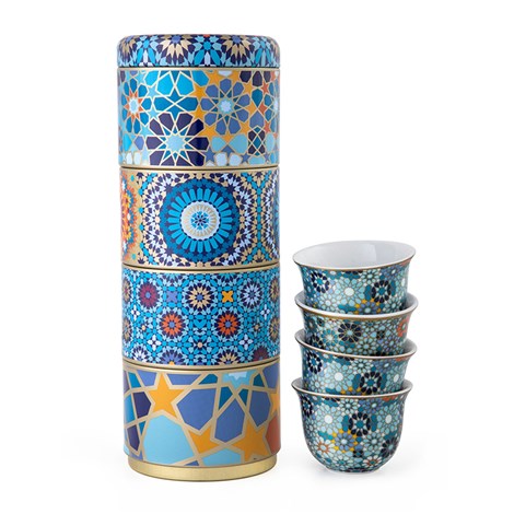 Tin box with 4 coffee cups 60ml Moucharabieh Blue